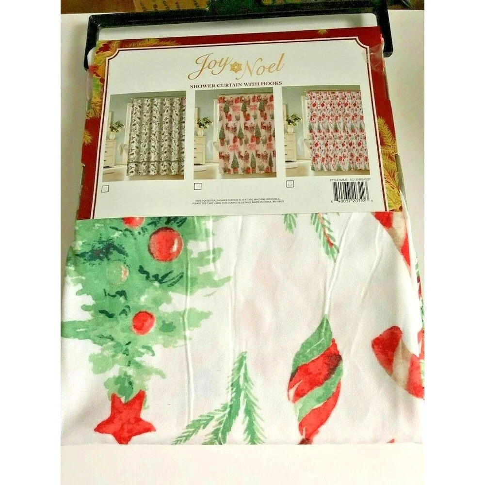 Merry Christmas Fabric Shower Curtain with Hooks 72x70 Santa Reindeer Holiday